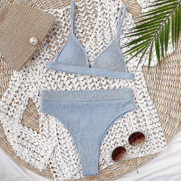 Kvinnors baddräkt med hög midja, push-up bikini set, baddräkt, strandkläder Blue M