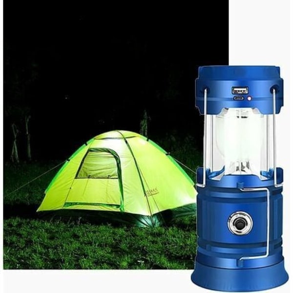 Solar/ USB uppladdningsbar LED-lykta, kraftfull campinglampa, bärbar trädgårdslykta med 2 lägen, hängande belysning med 360° ficklampa