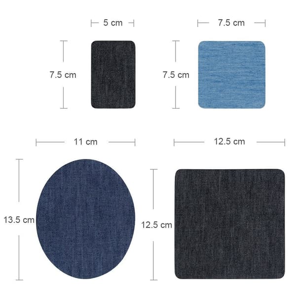 30 stk. lapper, 24 stk. denimblå ovale stofflapper 6 stk. strykelapper