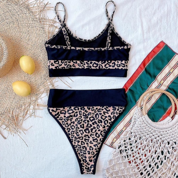 Kvinnors baddräkt hög midja bikini set lappverk sommar strandkläder badkläder Leopard L