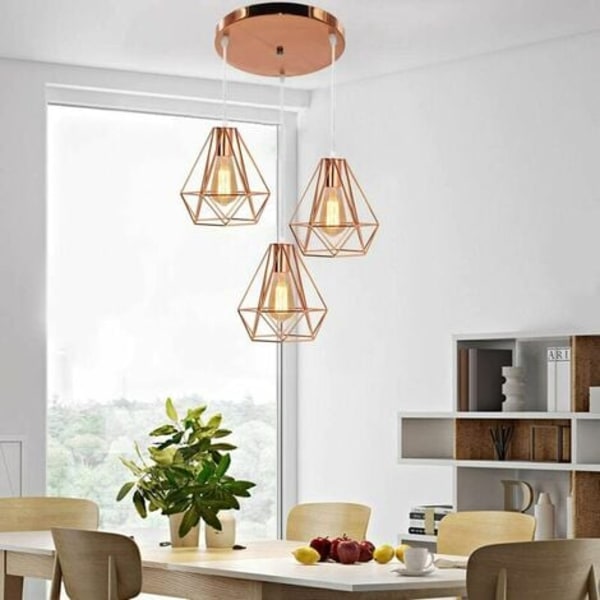 Industriel Design Diamant Vedhængslampe 3 Lys, Lysekrone Skygge Loftlampe i Metal Justerbar Reb, Rosaguld, 20C