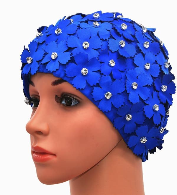 Kvinners Retro Stil Blomsterblad Rhinestone Manuell Svømmehette, Blå,