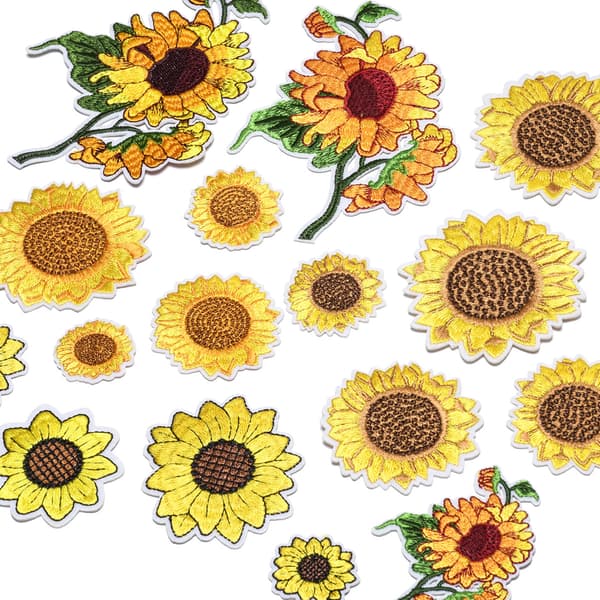 18 broderade solrospatchar, broderade applikationsdekaler