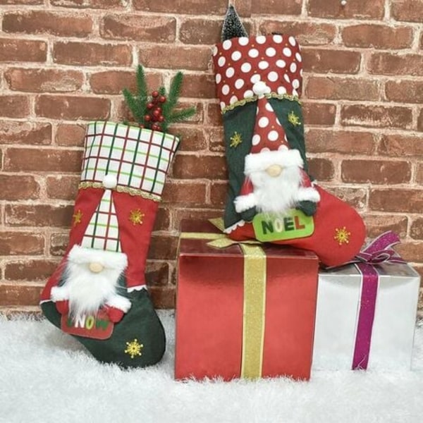Sæt med 2 svenske Santa Gnome 3D-julestrømper, 19,7" personlige plys-jule-hængestrømper til hjemmet Mante