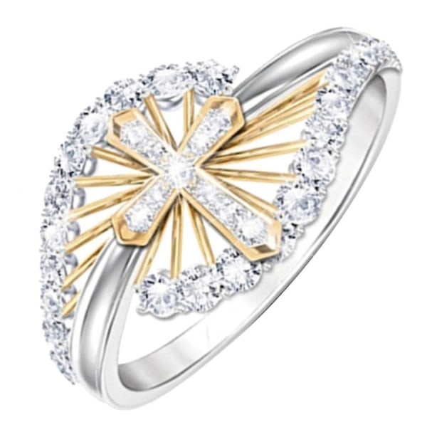 Kvinnor Dual Tone Rhinestone Inläggningar Cross Finger Ring Bröllop Engagement Smycken US 10