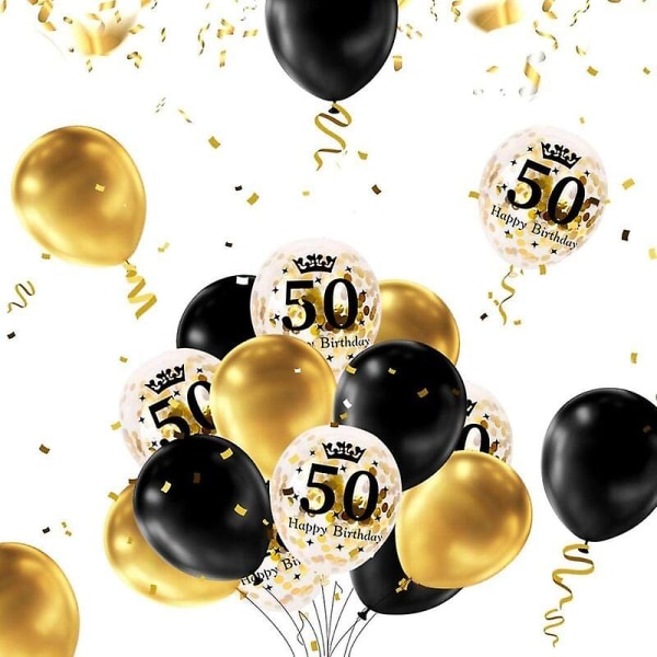 50 år Black Gold Födelsedagsdekoration, Grattis på födelsedagen Banner, Helium Ballong Numbers 50 Xxl, Black Gold Fringgardin Latex Confetti Number Tabell D