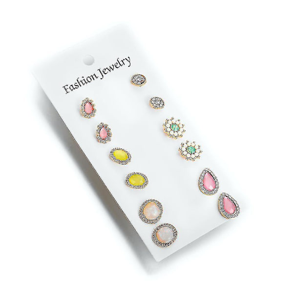 6-pakks ørepyntsett med flere elementer, vanndråpe-strass, blomst, opal, ørepynt for daglig bruk