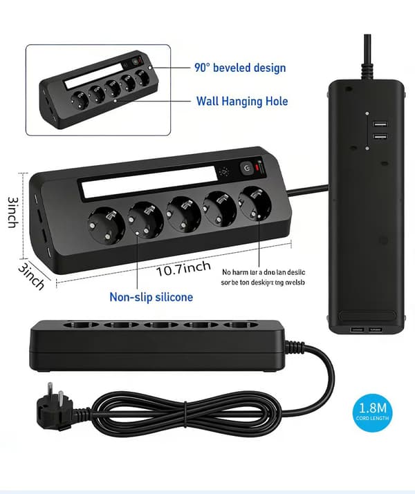 5-veis strømskinne, 1,8 m kabel, svart medium