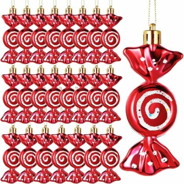24 st julgodispynt Candy Cane Julgran Glitter Hängande Pynt Plast Pepparkaksvirvlar Deko