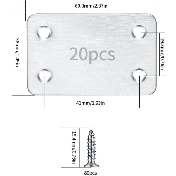 20 Stykker Perforerede Flade Samleplader, Lige Fastgørelsesplader, Vinkelbeslag, Forbindelsesplader - 38x60 mm (Sølv)