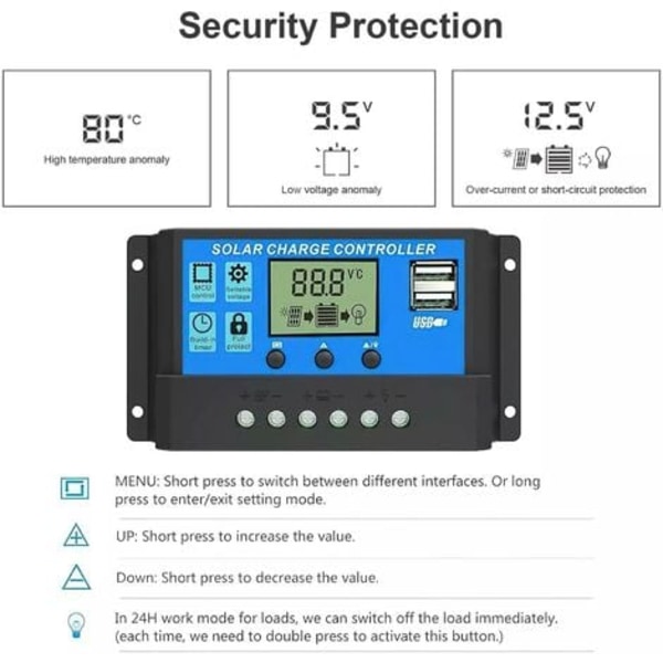 MPPT Solcelleladningsregulator med LCD-skærm 12V/24V Dobbelt USB Solpanel Smart Batteriregulator 20A Arbejdsstrøm