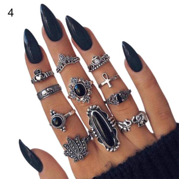 11/13/15 st Carved Flower Stackable Knuckle Rings Alloy Bohemia Black Faux Gem Finger Rings Jewelry Accessory 4