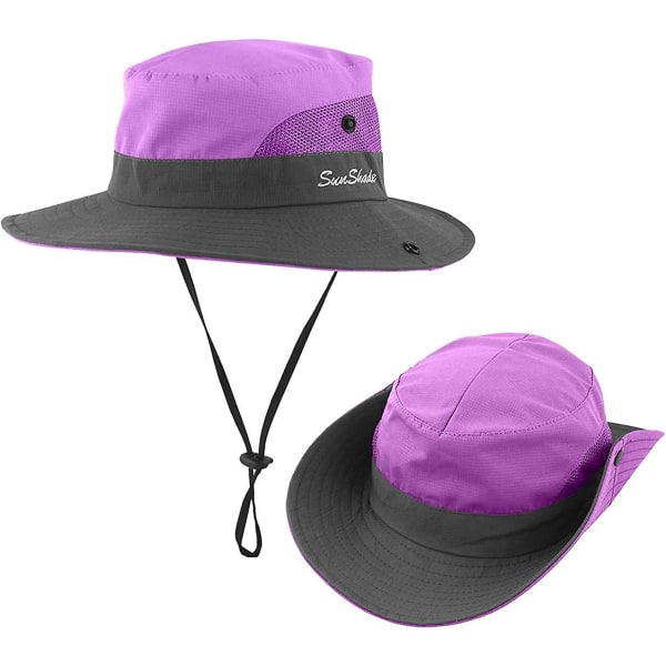 2 stk. Dame Solhatt med Hestehale UV-Beskyttelse Pakkbar Bredbremmet Boonie-Hatt for Fiske og Fotturer Purple   Sky Blue