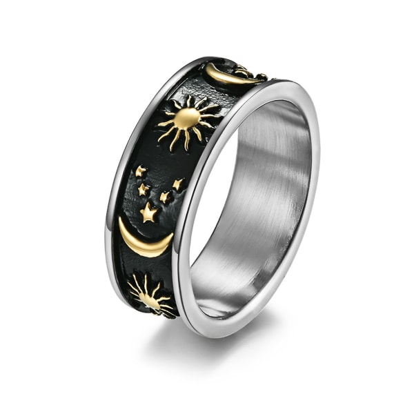 Unisex Ring Stjärna Måne Sol Dekoration Män Kvinnor Utsökt Rund Bohemisk Ring För Bröllop Black and Silver US 12