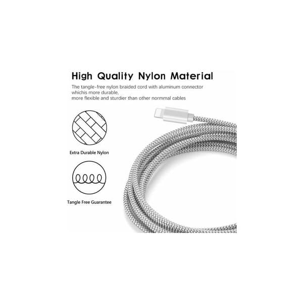 3m Apple Silvergrå iPhone-laddningskabel Nylon 10ft Flätad Nylon USB-laddnings- och synkroniseringskabel för inomhusbruk