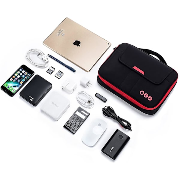 Universell reseväska för kabelorganisering, elektroniktillbehör, för 9,7 tums iPad, Kindle, nätadapter Black and Red