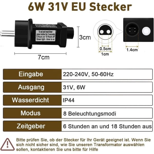 Keyoung – 31V 6W Lyslenketransformator – IP44 Vanntett – 8 Lysmoduser – Timerfunksjon – Driver opptil 1800 LED-er