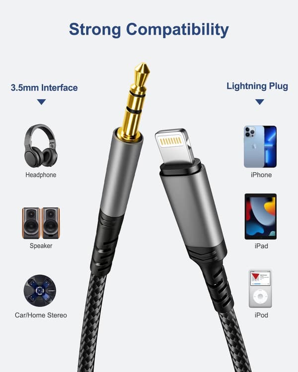 Aux-lydkabel for bil for iPhone, Lightning til 3,5 mm nylonstereo