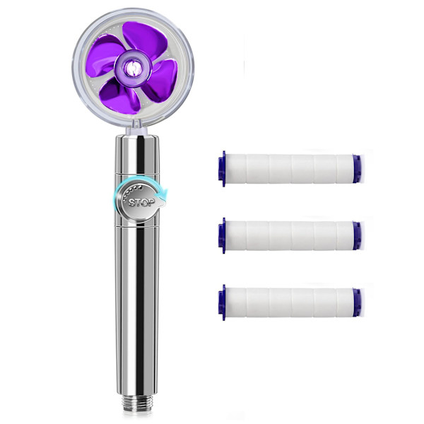 Tryckduschhuvud med trycksatt bi-turbo propellerfläkt 3 filterelement (lila + 3 filterelement)