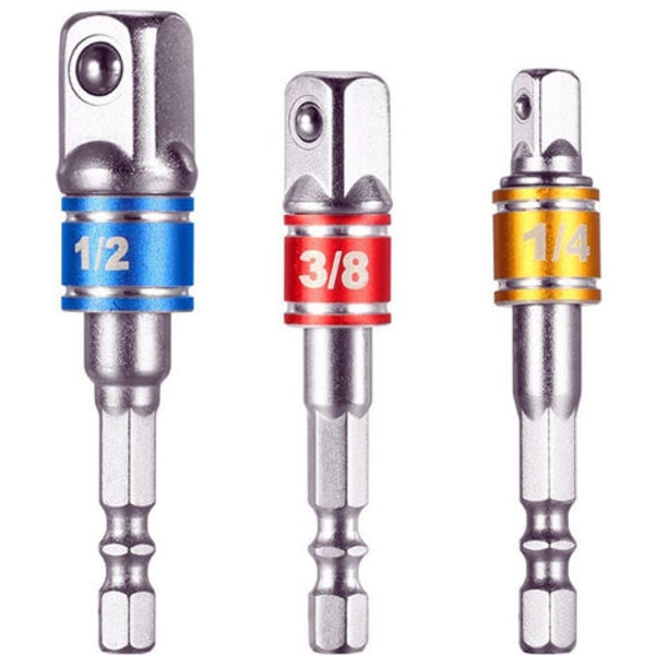 Hylshållare-adaptrar för borr/impactskruvdragare. Set med 3 adaptrar med fyrkantiga sidor 1/4\", 1/2\", 3/8\" i kromvanadium.