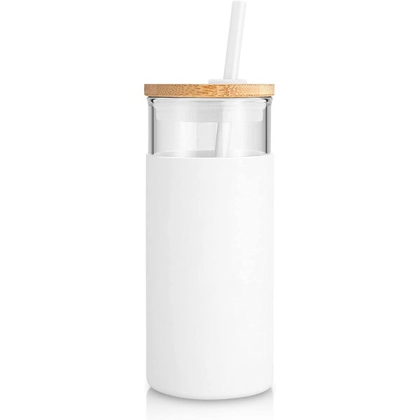 Vattenflaska av glas 500 ml sugrör Silikonskydd bambulock - BPA-fri (vit)