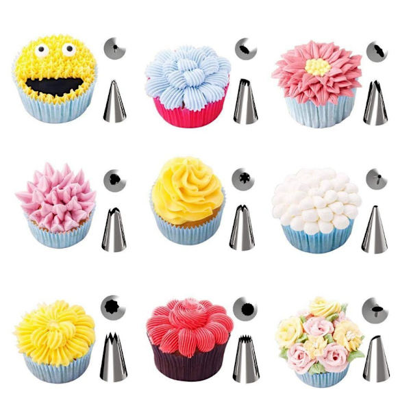 39-delt kake DIY-sett inkluderer 24 sprøytetupper, 2 blomsterpresseposer, 1 blomstersøm, 3 konvertere
