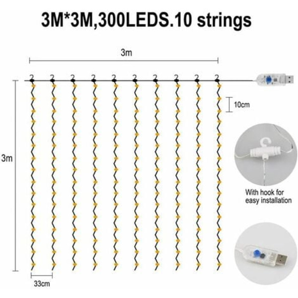 Gardiner med lampor, fönster-fairy lights 300 LED 3m*3m, 8 ljuslägen, atmosfär för dekoration jul, bröllop, födelsedag