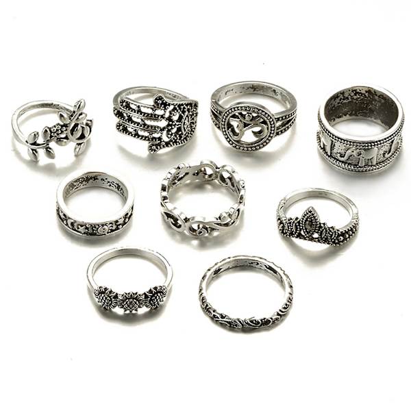 9 st. Stackbara Knogringar med Carvad Blomma, Silverfärgad, Bohemia, Ihålig, Smycken Tillbehör