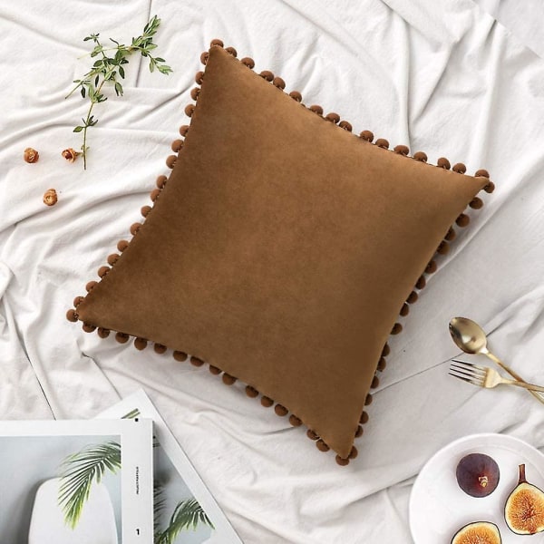 2-pack sammetskuddfodral med pompom dekorativa örngott enfärgade mjuka kuddfodral med poms fyrkantiga för soffa sovrum bil 18x18 tum Da 26 x26 Brown