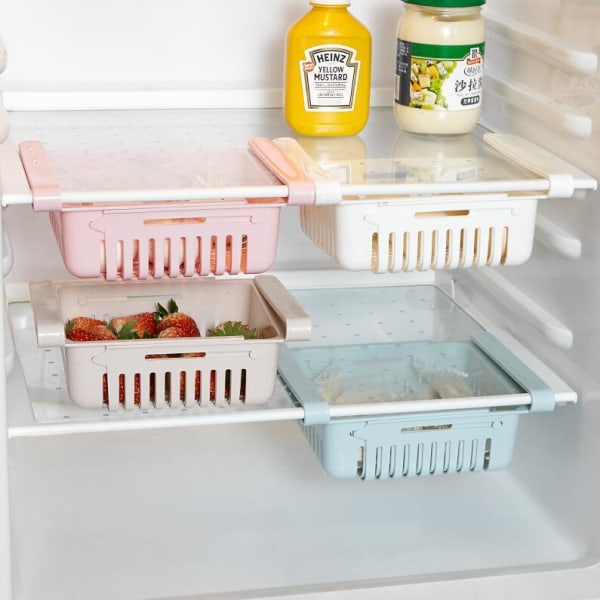 Utvidbar kjøleskuffarrangør, kjøleskapsoppbevaringsarrangør Hold ryddig hyllearrangør for grønnsaker og frukt (2PCS) Rosa),