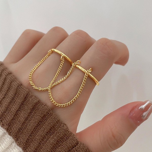 Dubbel Fingerkedjering Stapelbar Justerbar Unisex Två Lager Kedja Öppningsring Smycken Gåvor Golden