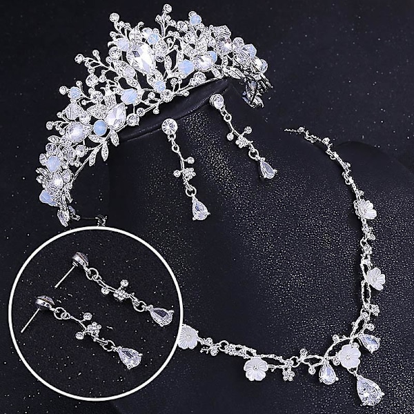 Bröllopskrona Blomma Rhinestone Kristall Halsband Och Örhängen Smyckeset För Brud 1