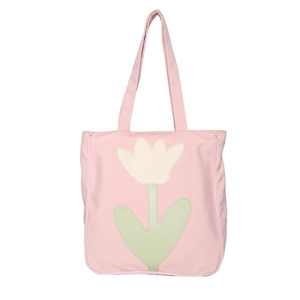 Mediumblommig Canvas Tote Bag för Universitetsstudenter, Blommig Shopping Canvas Bag, Initial Återanvändbara Bagar Rosa