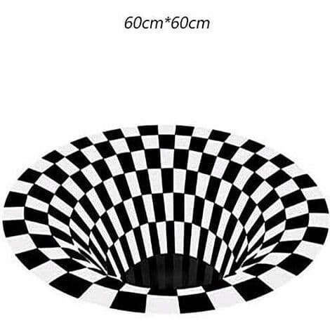 Svartvit Rutmönstrad Rund Matta, 3D Vortex Illusion Matta, 3D Vortex Matta Sovrum Vardagsrum, 3D Area Matta Golvmatta, Vortex Illusion