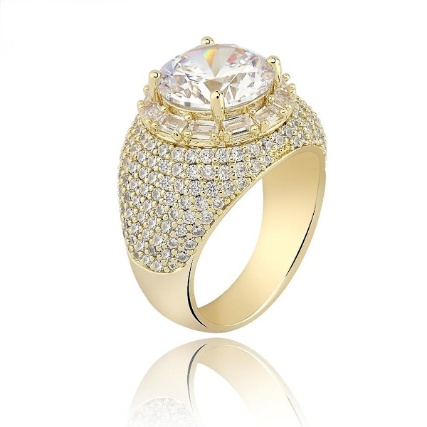 Hip Hop Stor Rund Mikro Beströdd Zirkon Ring Kvinnor Män Guld Silver Färg Bling Iced Out Kubisk Zirkon Ring Lyx Smycken Present Gold