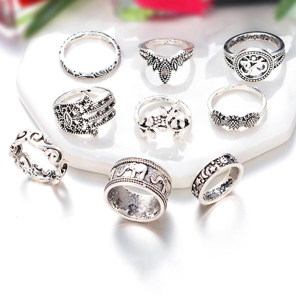 9 stk Kvinners Retro Utskjærings Solsikke Hamsa Hand Of Fatima Hule Knuckle Ringer Sett