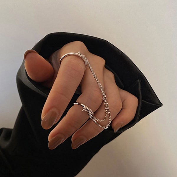 Dobbelt Finger Kæde Ring Stabelbar Justerbar Unisex To Lag Kæde Åbningsring Smykker Gave Silver
