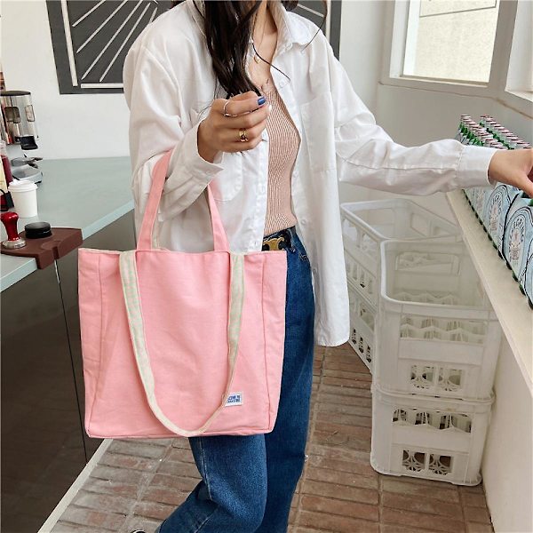 Enkel Plaid Skuldertaske Student Kvinde Fritids Dobbelt Brug Canvas Taske Casual Shopping Tote Pink