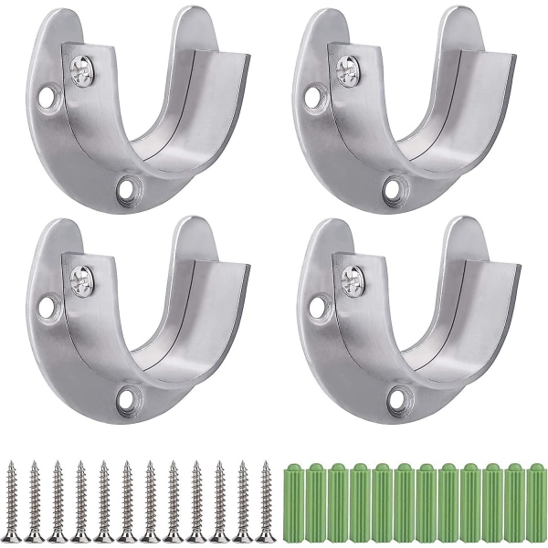 Garderobstångsbeslag i rostfritt stål, 4 stycken U-formade gardinstångsbeslag, kraftiga runda rörsocklar med skruvar (32 mm)