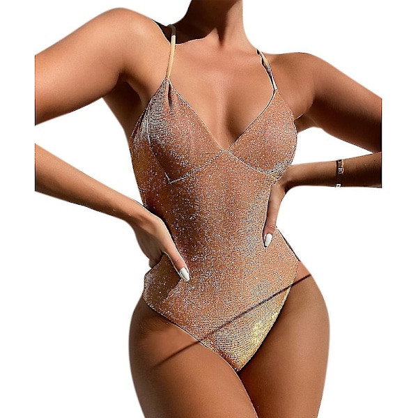 Glitterende Monokini Badedrakt for Kvinner med Push-Up Effekt, Endelt Badetøy Gold XL