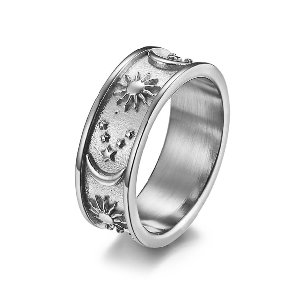 Unisex Ring Stjerne Måne Soldekoration Mænd Kvinder Udsøgt Rund Bohemian Ring Til Bryllup Steel Color US 8