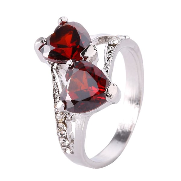 Mode Kvinna Lyxig Kubisk Zirkonia Rhinestone Inlagd Dubbel Kärlek Hjärta Ring Red US 7