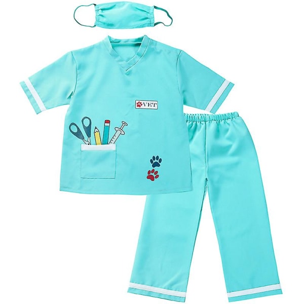 Barnläkare Uniform Halloween Rollspel Cosplay Kostymer Professionell Upplevelse Cartoon Doktor Sjuksköterska Kläder Topp+Byxor+Mask Green XS  110cm-115cm