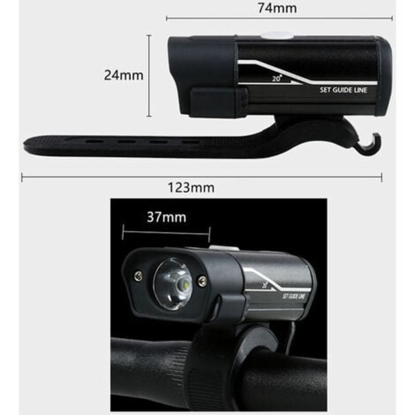 Sykkelhodelykt USB Ladbar Aluminium Legering Bilhodelykt Sykkellykt 5 Lysmoduser Svart (Innebygd Litium