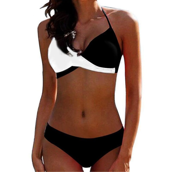 Dame Bikini Sæt Polstret BH Push Up Badetøj Halter Badetøj Strandtøj Black White L