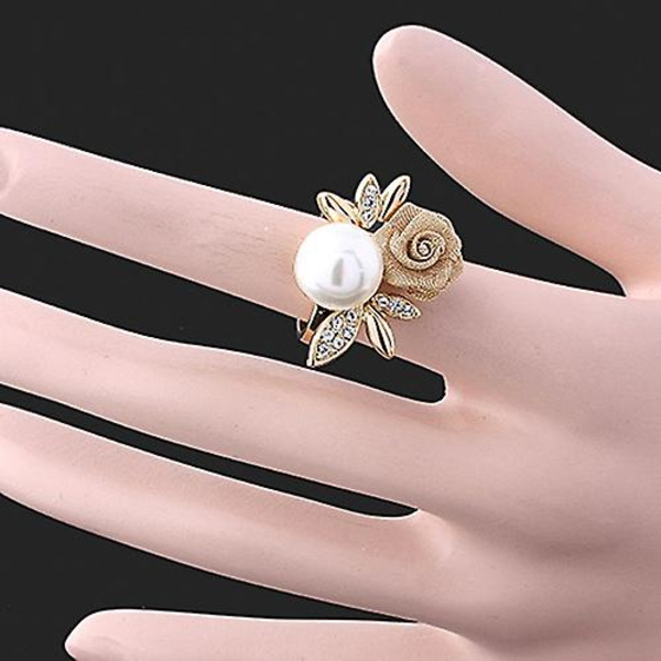 Dammode Ros Faux Pärla Klar Kristall 9k Guldpläterad Ring Fest Smycken Silver US 7