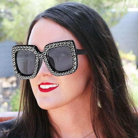 2-delt overdimensionerede solbriller med rhinestones, overdimensionerede firkantede