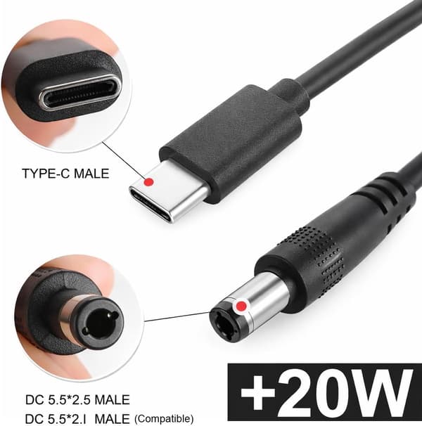 USB C til DC strømkabel 5.5mm x 2.5mm / 5.5mm x 2.1mm, Universal PD hurtigoplader, 5V/9V/12V/15V/20V Multi-spændingsadapter