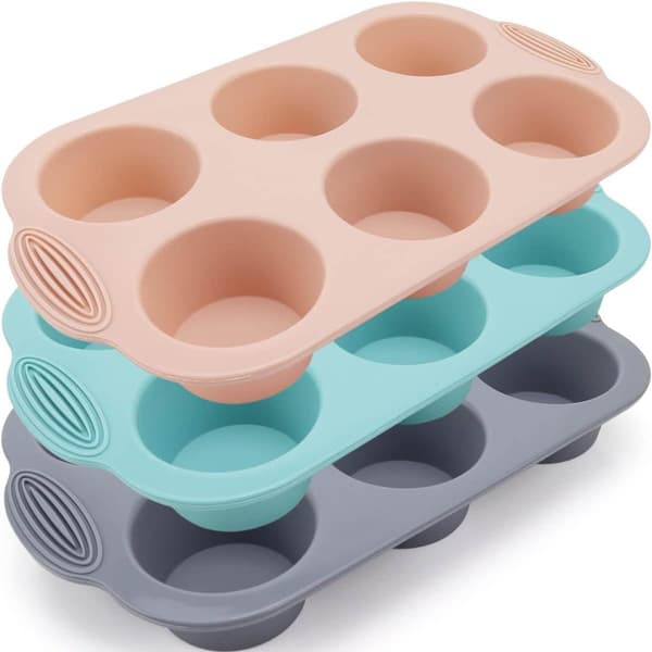 Sæt med 3 silikone muffinforme (grå, pink, påfugleblå) - Form til cupcakes, brownies og kager