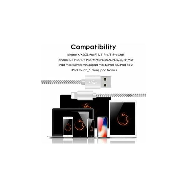 3m Apple Silvergrå iPhone-laddningskabel Nylon 10ft Flätad Nylon USB-laddnings- och synkroniseringskabel för inomhusbruk